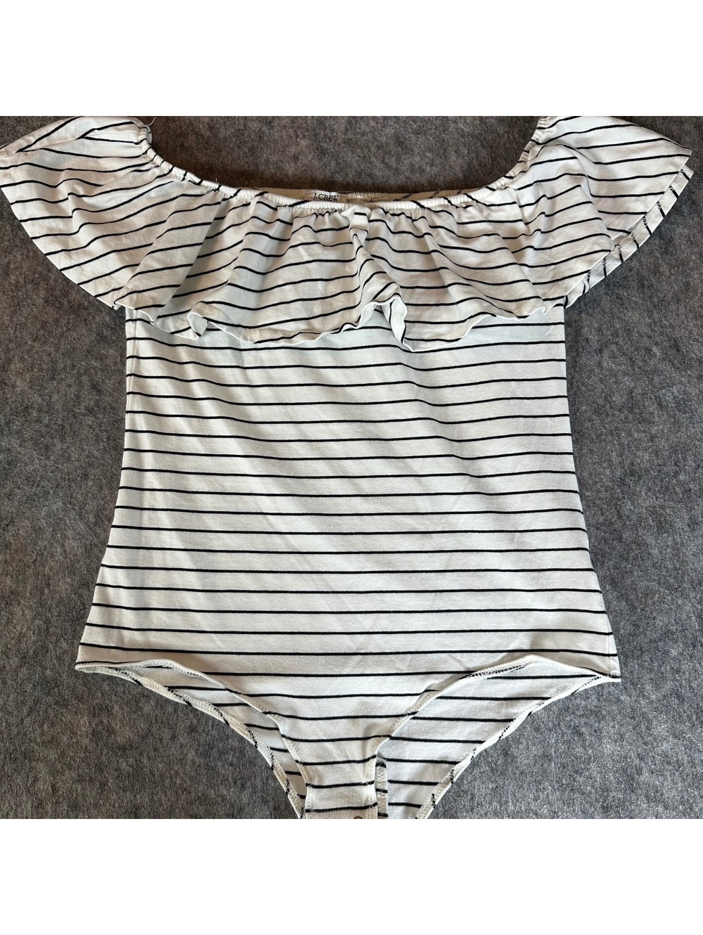 J.Crew Factory Striped Ruffle Bodysuit Coastal Preppy White Black Sz L